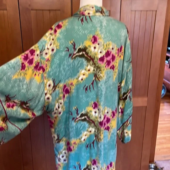 Anthropologie Floreat green/magenta/taupe/yellow/white print kimono XS/S - Picture 4 of 9